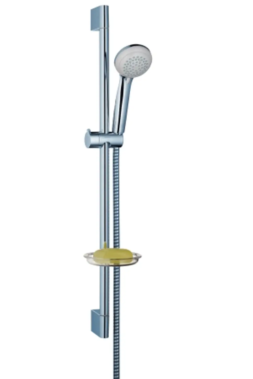 Brauseanlage mit verchromter Stange, Handbrause und Seifenschale. Hansgrohe-Design, zur Montage in Duschbereichen geeignet.
